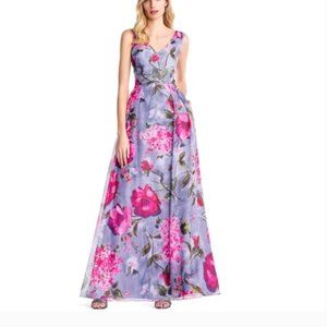 NWT Adrianna Papell Floral Maxi Dovegray Organza Dress Size 12